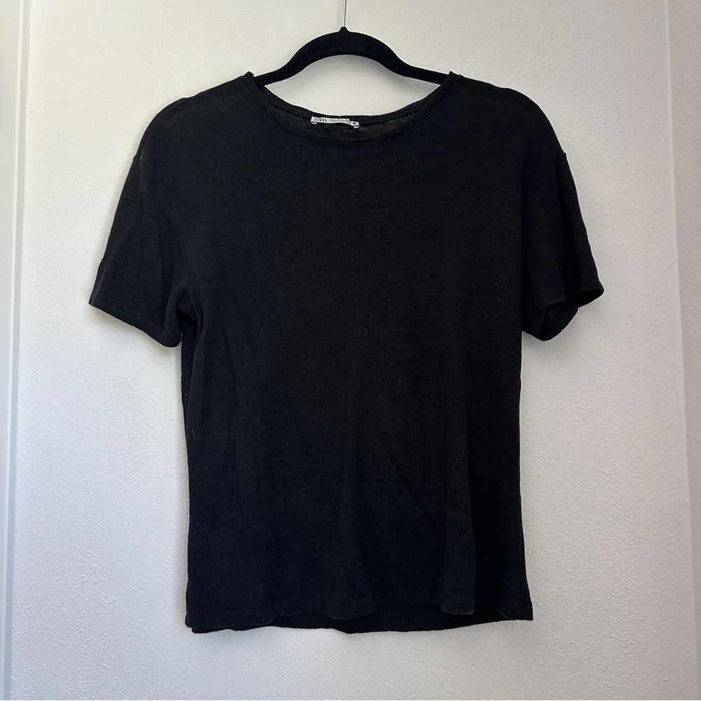 ZARA Black Ribbed Knit Short Sleeve T-Shirt